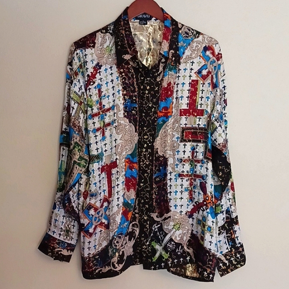 Vintage Bravo Silk Gold Metallic Shirt Size XL Bold Colorful Baroque